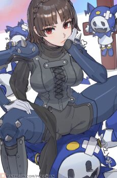 1girl biker_clothes bikesuit black_bodysuit blue_bodysuit blunt_bangs bodysuit braid breasts brown_hair clone closed_mouth commentary_request cross-laced_clothes crown_braid crucifixion feet_out_of_frame hand_on_own_thigh head_rest highres jack_frost_(megami_tensei) large_breasts looking_at_viewer multicolored_bodysuit niijima_makoto no_mask patreon_logo patreon_username persona persona_(summon) persona_5 poechan_chan puff_of_air queen_(persona_5) red_eyes short_hair shoulder_spikes sitting sitting_on_person spikes spread_legs two-tone_bodysuit watermark web_address