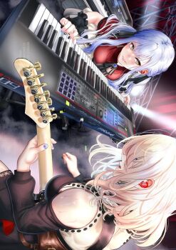 Rule 34 | 2girls, 7-string guitar, ascot, bang dream!, bang dream! it's mygo!!!!!, black ascot, black dress, black nails, blonde hair, blue hair, blue nails, breasts, commentary request, doloris (bang dream!), dress, earphones, extended range guitar, guitar, highres, instrument, long hair, looking at another, medium breasts, medium hair, misumi uika, multicolored nails, multiple girls, music, nail polish, noir (nowaru), oblivionis (bang dream!), open mouth, playing guitar, playing instrument, red shirt, shirt, sidelocks, sideways, sweat, togawa sakiko, yellow eyes