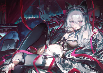 1girl animal_ear_fluff animal_ears bare_shoulders bat_wings black_headdress black_thighhighs blush book bow breasts breasts_apart commentary couch criss-cross_halter crop_top crossed_bangs curtains detached_sleeves familiar feet gradient_bow hair_between_eyes hair_bow halterneck hand_up highres holding holding_ribbon leg_up licking_own_finger long_hair long_sleeves looking_at_viewer lying medium_breasts mirae283 nail_polish navel night on_couch original panties pink_nails red_bow red_eyes red_ribbon ribbon sidelocks solo star_(symbol) stirrup_legwear thighhighs thighs toeless_legwear toenail_polish toenails toes tongue tongue_out underwear very_long_hair white_hair window wings