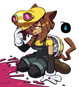 1girl ambiguous_red_liquid animal_ears brown_hair cat_ears cat_girl cat_tail commentary discount-supervillain english_commentary furry furry_female gameoverse goggles kaboodle_(gameoverse) kit_bodega mario_(series) nintendo overalls short_hair speech_bubble tail whiskers