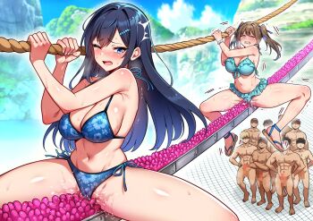 2girls 6+boys amamiya_chihiro bikini black_hair blue_bikini blue_eyes blue_ribbon blush breasts brown_hair cameltoe censored clenched_teeth crowd crying crying_with_eyes_open floral_print floral_print_bikini frilled_bikini frills hair_ornament hair_ribbon hairclip hechima_koubou highres large_breasts long_hair looking_down mesu_game_~tsukamareba_soku_nakadashi!_100_hyaku_oku-en_to_chijoku_o_kaketa_survival~ mosaic_censoring mountainous_horizon multiple_boys multiple_girls nature one_eye_closed outdoors penis print_bikini pussy_juice ribbon rope_walking running shiny_skin side-tie_bikini_bottom struggling sweat swimsuit tears teeth twintails waiting