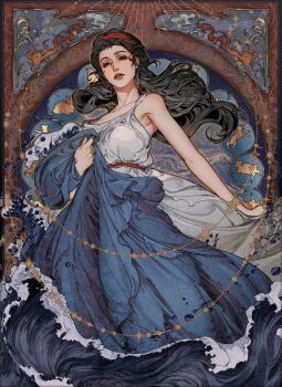 1girl baby_animal belt bird black_hair blue_circle blue_cloak blue_eyes border brown_border cloak commentary dress eliza_fox floating_hair foaming_waves greek_mythology hairband half-closed_eyes hashtag-only_commentary holding holding_unworn_clothes lamb light_rays long_hair looking_at_viewer ornate_border parted_lips rabbit red_belt red_hairband sheep skirt_hold sleeveless sleeveless_dress solo star_(symbol) teeth tethys_(mythology) upper_teeth_only water_drop waves wavy_hair white_dress wolf