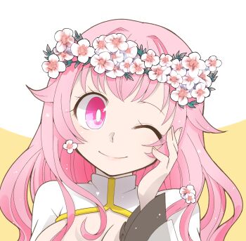 Rule 34 | 1girl, arch bishop (ragnarok online), blush, breasts, bright pupils, cleavage, cleavage cutout, closed mouth, clothing cutout, commentary request, dress, flower, hand on own cheek, hand on own face, head wreath, highres, iyofika, large breasts, long hair, long sleeves, looking at viewer, one eye closed, pink eyes, pink hair, portrait, ragnarok online, smile, solo, two-tone background, white background, white dress, white flower, white pupils, yellow background