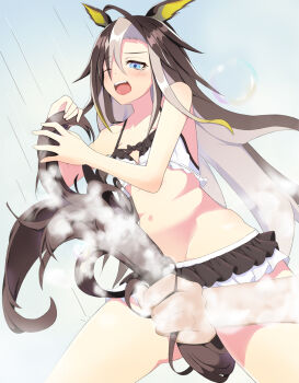 1girl ahoge animal_ears baika bare_shoulders bathing between_legs bikini blonde_hair blue_eyes blush brown_hair collarbone colored_inner_hair commentary_request cowboy_shot dream_journey_(umamusume) flat_chest frilled_bikini frills groin hair_between_eyes highres horse_ears horse_girl horse_tail long_hair midriff multicolored_hair navel one_eye_closed open_mouth sidelocks soap_bubbles solo_focus standing swimsuit tail tail_between_legs tail_grab tearing_up umamusume white_bikini white_hair