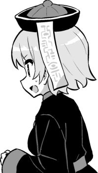 1girl azur_lane azur_lane:_slow_ahead breasts china_dress chinese_clothes commentary_request cosplay dress greyscale halloween_costume hat hori_(hori_no_su) jiangshi_costume long_sleeves monochrome official_art ofuda ofuda_on_head open_mouth profile qingdai_guanmao short_hair simple_background solo sweatdrop white_background z23_(azur_lane)