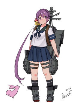 Rule 34 | 1girl, absurdres, akebono (kancolle), animal, bell, black socks, blue ribbon, blue skirt, breasts, closed mouth, commentary request, dated, flower, full body, green sailor collar, grey footwear, hair bell, hair between eyes, hair flower, hair ornament, highres, inica, jingle bell, kantai collection, long hair, looking at viewer, neck ribbon, pleated skirt, purple eyes, purple hair, rabbit, ribbon, rigging, sailor collar, school uniform, serafuku, shirt, short sleeves, side ponytail, signature, skirt, small breasts, socks, solo, standing, very long hair, white shirt