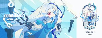 1girl absurdres black_gloves blue_background blue_dress blue_eyes blue_shoes bright_pupils chibi closed_mouth commission double-parted_bangs dress frilled_dress frills gloves hair_between_eyes heterochromia highres long_hair long_sleeves looking_at_viewer meimei_(wakamoid) multiple_views original pinafore_dress red_eyes shirt shoes sleeveless sleeveless_dress strap_slip thank_you twitter_username upper_body watermark watermark_grid white_hair white_pupils white_shirt