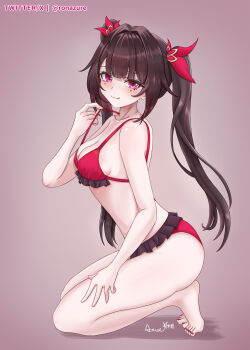 1girl absurdres bare_shoulders barefoot bikini breasts brown_hair commentary commentary_request english_commentary feet frilled_bikini frills from_side highres honkai:_star_rail honkai_(series) licking_lips long_hair looking_at_viewer medium_breasts mixed-language_commentary nail_polish purple_background purple_eyes red_bikini seiza simple_background sitting smile solo sparkle_(honkai:_star_rail) swimsuit toenail_polish toenails tongue tongue_out twintails twitter_username very_long_hair xing_mi'en