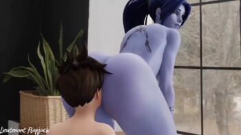 2girls animated ass bent_over blue_skin brown_hair colored_skin cpt-flapjack face_in_ass femdom multiple_girls nude overwatch overwatch_1 ponytail purple_skin sound spiked_hair tagme tracer_(overwatch) video widowmaker_(overwatch) yuri