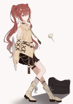 1girl :o against_wall ankle_socks bag bare_shoulders belt belt_buckle black_bag black_belt black_skirt black_socks blue_ribbon boots brown_boots buckle buttons chain chain_belt chinese_commentary clothing_cutout collared_shirt commentary_request cross-laced_clothes cross-laced_sleeves dandelion earrings expressionless eyelashes fishnet_socks fishnets flower footwear_ribbon four-pointed_star full_body gold_chain green_necktie hair_between_eyes hair_ornament hairclip highres infinity_nikki jewelry lace-up_boots long_hair long_sleeves miniskirt multiple_belts necktie nikki_(series) o-ring o-ring_belt parted_lips pink_eyes pleated_skirt puffy_long_sleeves puffy_sleeves red_hair ribbon school_bag shadow shirt shoulder_cutout simple_background skirt sleeves_past_wrists snail_message_(infinity_nikki) so_ni_ni socks solo standing star_(symbol) star_earrings studded_belt thigh_belt thigh_strap twintails very_long_hair wavy_hair white_background yellow_shirt