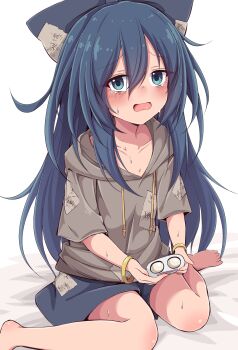 1girl blue_bow blue_eyes blue_hair blue_skirt blush bow bracelet brown_hoodie collarbone commentary_request crying crying_with_eyes_open drawstring foot_out_of_frame gold_bracelet hair_between_eyes hair_bow highres holding hood hood_down hoodie jewelry long_hair looking_at_viewer miniskirt open_mouth patchwork_clothes short_sleeves simple_background sitting siw0n skirt solo tears touhou very_long_hair wariza white_background yorigami_shion