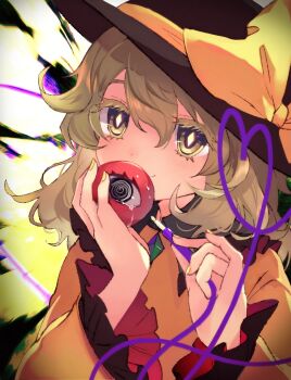 1girl @_@ black_hat blouse blurry blurry_background bow buttons colored_eyelashes commentary_request crying curly_hair diamond-shaped_pupils diamond_(shape) diamond_button efxc eyelashes fingernails flat_chest frilled_shirt_collar frilled_sleeves frills gradient_background green_eyes green_hair hair_between_eyes hat hat_ribbon heart heart_of_string highres holding komeiji_koishi long_sleeves nail_polish plug ribbon shirt short_hair smile solo standing symbol-shaped_pupils tears third_eye touhou upper_body wide_sleeves yellow_bow yellow_nails yellow_ribbon yellow_shirt