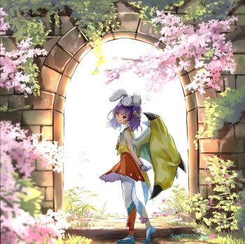 Rule 34 | 1girl, absurdres, animal ears, animal hat, ankle lace-up, arch, arms behind back, blue footwear, blue legwear, blunt bangs, bow, bow legwear, capelet, closed mouth, coattails, collarbone, cross-laced clothes, cross-laced legwear, dragon girl, dragon wings, dress, fake animal ears, fire emblem, fire emblem: the sacred stones, fire emblem heroes, flat chest, floral print, flower, from side, full body, gloves, grass, green wings, hair flower, hair ornament, hair tie, hamanashi (trapiorra), hat, high-waist skirt, high heels, highres, lapels, light smile, long hair, looking at viewer, looking to the side, magical girl, miniskirt, multi-tied hair, multicolored legwear, myrrh (fire emblem), nintendo, official alternate costume, orange bow, orange dress, over shoulder, own hands together, pale skin, pantyhose, pink flower, plant, purple hair, rabbit ears, rabbit hat, red eyes, ribbon, see-through clothes, short dress, skirt, sleeveless, smile, solo, standing, stone wall, sunflower, sunlight, tailcoat, tree, twintails, vest, walking, wall, white gloves, white pantyhose, wings, yellow vest, yellow wings