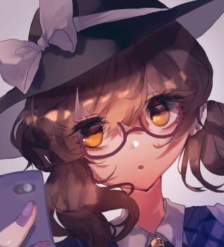 1girl black_hat bow brown_eyes brown_hair commentary_request fingernails glasses hat hat_bow holding holding_phone looking_at_viewer medium_hair open_mouth phone portrait purple-framed_eyewear purple_nails shinjitsu_no_kuchi solo touhou usami_sumireko white_background white_bow