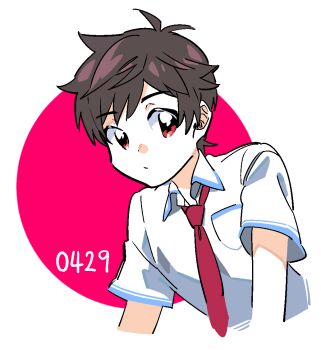 1boy 726pudding726 brown_hair closed_mouth collared_shirt commentary_request cropped_torso korean_commentary looking_at_viewer male_focus necktie red_eyes red_necktie sarazanmai school_uniform shirt short_hair solo white_shirt yasaka_kazuki