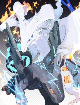 aura black_scales blue_eyes blue_sclera body_fur claws colored_sclera electricity electrokinesis eye_contact fire gen_5_pokemon glowing_horns glowing_tail highres horns legendary_pokemon looking_at_another nintendo no_humans pokemon pokemon_(creature) pokemon_bw pokemon_focus pyrokinesis red_eyes red_sclera reshiram reshiram_(overdrive) sakuraiisui single_horn tail white_fur winged_arms wings zekrom zekrom_(overdrive)