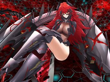 1girl ahoge arm_armor armor armored_bodysuit armored_boots armored_leotard black_armor bodystocking boots breasts chiga_akira clothing_cutout commentary crossed_bangs goddess_of_victory:_nikke large_breasts leg_cutout leotard long_hair mechanical_tail nihilister_(nikke) red_eyes red_hair see-through_cleavage see-through_clothes simple_background socks_agency tail thighs torn_bodystocking torn_clothes virtual_youtuber zentreya zentreya_(dragon)