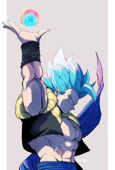 1boy abs aqua_eyes aqua_hair belt black_vest blue_belt border cropped_vest dragon_ball dragon_ball_super dragon_ball_super_broly gogeta grey_background hand_up living_(nsiring) male_focus metamoran_vest muscular muscular_male pectorals pillarboxed short_hair solo spiked_hair super_saiyan super_saiyan_blue vest white_border wristband