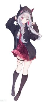 Rule 34 | 1girl, black jacket, black socks, collared shirt, full body, fusaba mi, grey eyes, grey hair, hands up, heterochromia, highres, hood, hooded jacket, ishigami nozomi, jacket, kneehighs, loafers, long hair, long sleeves, looking at viewer, multicolored hair, necktie, nijisanji, open clothes, open jacket, parted lips, pink eyes, pink hair, school uniform, shirt, shoes, simple background, skirt, socks, solo, standing, thigh strap, virtual youtuber, white background, white shirt