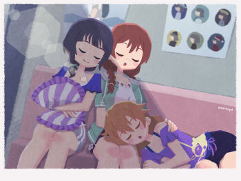 3girls asaka_karin baby_animal blue_eyes blue_hair blue_shirt blue_shorts blush_stickers braid brown_hair closed_eyes collarbone couch emma_verde freckles green_sweater grey_shorts hand_on_shoulder highres holding holding_pillow konoe_kanata lamb long_hair love_live! love_live!_nijigasaki_high_school_idol_club low_ponytail low_twintails lying_on_lap medium_hair meidosan meidoyat mole mole_on_collarbone multiple_girls open_mouth pillow ponytail purple_shirt red_hair room shade sheep shirt short_sleeves shorts sleeping sleeveless sleeveless_shirt smile strap sweater swept_bangs twin_braids twintails undershirt user_jrsk7323 wavy_hair white_hair white_shirt