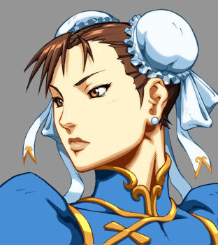 Rule 34 | brown eyes, brown hair, bun cover, capcom, chinese clothes, chun-li, double bun, earrings, hair bun, jewelry, official art, simple background, street fighter, street fighter ii, super street fighter ii turbo hd remix, udon entertainment