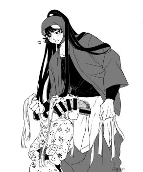 1boy 1girl arms_behind_back bandana bar_censor blush bound bound_wrists censored commentary_request greyscale heart highres holding_another&#039;s_hair male_pubic_hair monochrome oc_x_canon ohama_kan&#039;emon ok2okt open_mouth original penis_on_face ponytail pubic_hair rakudai_ninja_rantarou rope rope_around_wrist simple_background smile