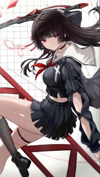 Rule 34 | 1girl, arm cutout, black choker, black hair, black jacket, black serafuku, black shirt, black shoes, black skirt, black socks, breasts, chisa (wuthering waves), choker, closed mouth, clothing cutout, commentary, grid background, hair ribbon, highres, holding, holding sword, holding weapon, jacket, long hair, long sleeves, looking at viewer, medium breasts, neckerchief, red eyes, red neckerchief, red ribbon, ribbon, sailor collar, saint laurent paris, school uniform, serafuku, shirt, shoes, skirt, socks, solo, sword, thigh strap, thighs, weapon, white sailor collar, wuthering waves