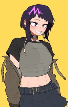 1girl absurdres alternate_costume audio_jack belt black_choker black_eyes black_sleeves blunt_bangs blush boku_no_hero_academia bright_pupils choker crop_top cropped_shirt grey_shirt grin highres jiro_kyoka long_earlobes looking_at_viewer loopvoid navel off-shoulder_jacket off_shoulder purple_hair raglan_sleeves shirt short_hair short_sleeves skirt smile solo t-shirt white_pupils yellow_background