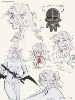 Rule 34 | 2boys, armor, artist name, ascot, bat wings, black nails, black wings, blood, blood from mouth, blood in hair, blood on clothes, blood on face, chibi, closed eyes, closed mouth, cowboy shot, crilall, crossed arms, english text, expressionless, fang, fang out, full armor, full body, garrat the hound, hair between eyes, half-closed eyes, highres, holding, holding sword, holding weapon, knight, long hair, long sleeves, looking at viewer, looking to the side, low wings, lunacid, multiple boys, multiple views, navel, nose, open mouth, pale skin, panties, plate, pointy ears, ponytail, portrait, profile, shirt, sidelocks, simple background, sketch, slit pupils, smile, sparkle, standing, strangea1chemy, sword, teeth, underwear, upper body, vampire, weapon, white ascot, white background, white hair, white panties, white shirt, wings, yellow eyes