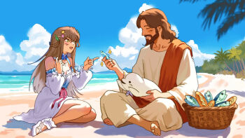 1boy 1girl :d animal ankle_garter arm_garter baguette basket beach beard blue_sky blue_trim blurry blurry_foreground bread breasts brown_hair brown_sash closed_eyes cloud collarbone commentary cross cross_necklace crossed_legs cumulonimbus_cloud depth_of_field detached_sleeves dress english_commentary facial_hair fish foliage food forest green_eyes grin hair_ornament hair_over_shoulder highres holding holding_animal holding_fish index_finger_raised indie_virtual_youtuber jellystara jesus jewelry junodayz long_hair looking_at_another nature necklace ocean off_shoulder open_mouth outdoors palm_tree parted_lips red_ribbon ribbon robe sand scene_reference second-party_source shell shell_hair_ornament shoes sitting sky sleeveless sleeveless_dress small_breasts smile soles sparkle starfish_hair_ornament the_bible toes tree virtual_youtuber water whale white_arm_garter white_dress white_robe white_shoes white_sleeves white_whale yokozuwari