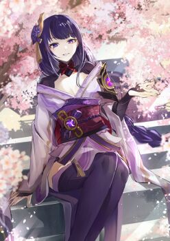 1girl armor blunt_bangs blurry braid breasts bridal_gauntlets cherry_blossoms cleavage commentary depth_of_field falling_petals fan_hair_ornament genshin_impact glowing hair_ornament highres japanese_clothes kansya kimono large_breasts lingerie long_braid looking_at_viewer mole mole_under_eye multicolored_eyes neck_ribbon off_shoulder outdoors parted_lips petals pink_petals purple_eyes purple_hair purple_kimono purple_thighhighs raiden_shogun red_ribbon red_sash ribbon sash shoulder_armor single_braid sitting solo sunlight thighhighs tree underwear upper_body