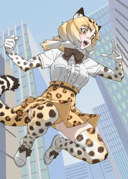 1girl :d animal_ear_fluff animal_ears animal_print belt black_bow black_bowtie blonde_hair bow bowtie building center_frills clenched_hand commentary day elbow_gloves frills full_body gloves gradient_hair high-waist_skirt highres jaguar_(kemono_friends) jaguar_ears jaguar_girl jaguar_tail jumping kemono_friends leopard_print multicolored_hair open_mouth outdoors panties pantyshot print_gloves print_skirt print_thighhighs shirt shoes short_hair short_sleeves skirt smile solo tail tanabe_(fueisei) teeth thighhighs underwear upper_teeth_only white_hair white_shirt white_shoes yellow_eyes yellow_panties