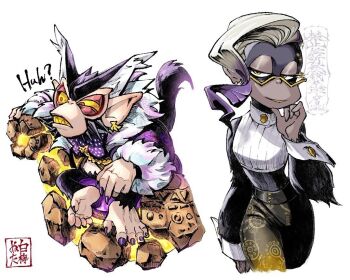 1boy 1girl bow bowtie colored_sclera donkey_kong_(series) donkey_kong_bananza earrings fingernails fur_trim glasses half-closed_eyes jacket jewelry kurotake_ihi looking_to_the_side monkey multicolored_hair nail_polish nintendo pants poppy_kong purple_hair red_eyes semi-rimless_eyewear sharp_fingernails sitting smile two-tone_hair void_kong wrist_cuffs yellow_eyes yellow_sclera