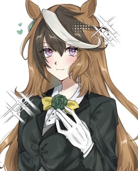 1girl animal_ears black_jacket blush bow breasts brown_hair closed_mouth collared_shirt commentary_request earrings flower gloves hair_between_eyes heart highres horse_ears horse_girl jacket jewelry long_hair long_sleeves looking_at_viewer multicolored_hair purple_eyes shirt single_earring smile sparkle streaked_hair symboli_rudolf_(umamusume) umamusume upper_body white_gloves white_hair white_shirt wlpyx yellow_bow