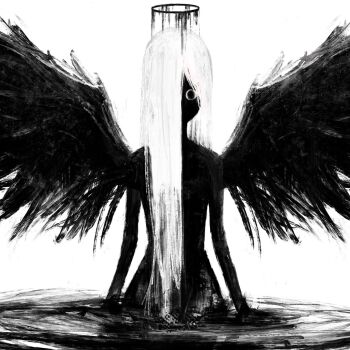 1girl commentary english_commentary greyscale hair_over_one_eye halo highres knowthisdream long_hair monochrome original partially_submerged ripples solo very_long_hair water white_background wide-eyed wings