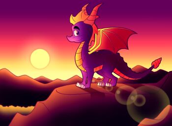 absurdres commentary dragon english_commentary full_body highres kinggargantuas lens_flare no_humans outdoors solo spyro_(series) spyro_the_dragon standing twilight