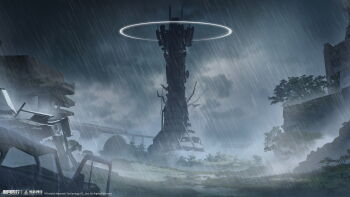 abandoned absurdres building copyright_name copyright_notice grey_sky halo highres logo no_humans official_art official_wallpaper overcast overgrown rain rubble ruins scenery sky tower tree xinyue_tongxing