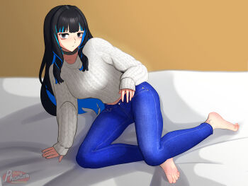 1girl absurdres barefoot black_hair blue_hair blue_pants breasts choker colored_inner_hair dantonphanton denim eyeliner fate/grand_order fate_(series) grey_eyes highres jeans long_hair long_sleeves looking_at_viewer makeup medium_breasts multicolored_hair pants sidelocks solo sweater tenochtitlan_(fate) white_sweater