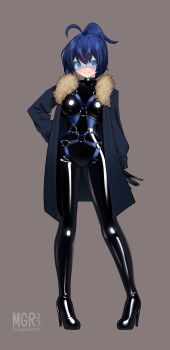 1girl absurdres ahoge black_bodysuit blue_eyes blue_hair bodysuit bodysuit_under_clothes breasts coat full_body fur_collar grey_background hand_on_own_hip harness high_heels highres impossible_bodysuit impossible_clothes large_breasts latex latex_bodysuit maguro27 original pigeon-toed ponytail shiny_clothes skin_tight smile solo standing sunglasses