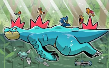 air_bubble barboach bird bubble claws closed_mouth cramorant feraligatr fish fletchling from_side full_body gen_1_pokemon gen_2_pokemon gen_3_pokemon gen_6_pokemon gen_8_pokemon grass hotathino nintendo no_humans open_mouth pidgey plant pokemon pokemon_(creature) pokemon_focus pokemon_tcg remoraid second-party_source sparkle spearow spines sunlight swimming tree vines water yellow_eyes