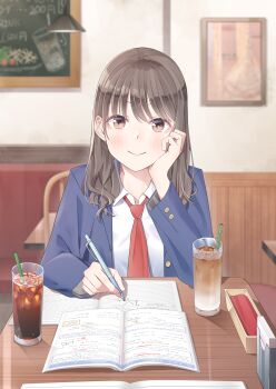 12_graka 1girl absurdres blazer blue_jacket blurry blurry_background book brown_eyes brown_hair chair closed_mouth collared_shirt commentary_request cup drink drinking_glass drinking_straw hand_on_own_cheek hand_on_own_face highres holding holding_pen indoors jacket light_blush long_hair long_sleeves looking_at_viewer necktie notebook on_chair open_book original pen pov_across_table red_necktie restaurant school_uniform shirt sitting smile solo studying table white_shirt writing