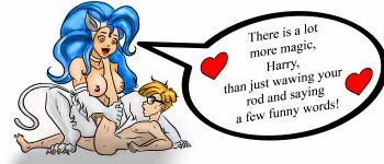 1boy 1girl 2020 age_difference blonde_hair blue_hair character_name cowgirl_position darkstalkers darkstalkers_(tv_series) english_text felicia_(darkstalkers) glasses harry_grimoire harry_potter_(series) highres parody pookie shota size_difference speech_bubble straddling white_background wizarding_world