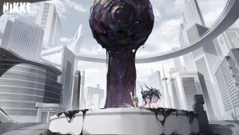 1girl absurdres bahamut_(nikke) bare_shoulders black_hair black_horns blue_hair book building cloud cloudy_sky commentary_request f.k_(hs225kr) glasses goddess_of_victory:_nikke highres holding holding_book horns looking_at_object multicolored_hair official_art outdoors partially_submerged ponytail red_eyes sky solo two-tone_hair