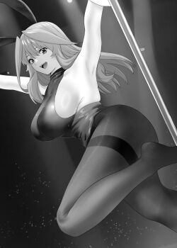 1girl animal_ears armpits arms_up bare_shoulders breasts commentary_request dutch_angle fake_animal_ears go-toubun_no_hanayome greyscale heattech_leotard highleg highleg_leotard highres indoors kosmos_beta large_breasts leotard long_hair looking_at_viewer monochrome nakano_itsuki paid_reward_available pantyhose playboy_bunny pole pole_dancing smile solo standing standing_on_one_leg stripper_pole thighs turtleneck