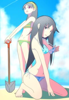 2girls :o beach bikini bikini_top_pull black_hair blue_bikini blue_sky breasts clothes_pull cloud cloudy_sky commentary_request flat_chest full_body green_bikini grey_eyes hairband hand_on_ground highres holding holding_shovel kaki111222 kitsu_chiri kitsu_tane kneeling light_blush long_hair looking_at_viewer multicolored_bikini multiple_girls navel ocean open_mouth outdoors parted_bangs patterned_clothing planted planted_shovel pulling_own_clothes purple_eyes sayonara_zetsubou_sensei shovel siblings side-tie_bikini_bottom sisters sky small_breasts smile standing striped_bikini striped_clothes swimsuit two-tone_bikini v-shaped_eyebrows yellow_bikini yellow_hairband