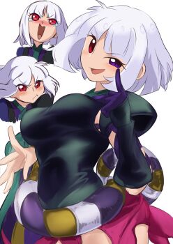 1girl angry armor black_shirt blush breasts commentary_request finger_to_cheek gloves head_tilt heterochromia highres impossible_clothes impossible_shirt japanese_armor katanagatari kote large_breasts looking_at_viewer maou_(maoudaisukiya) multiple_expressions multiple_views pauldrons pout purple_eyes raised_eyebrow red_eyes rope shimenawa shirt short_hair shoulder_armor simple_background single_glove single_pauldron sleeveless sleeveless_shirt smirk tearing_up togame v-shaped_eyebrows white_background white_hair