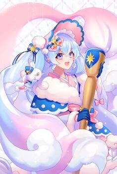 1girl 1other aqua_hair blue_gloves blush bonnet bow fur-trimmed_kimono fur_trim giant_brush gloves gradient_hair hair_between_eyes hair_bow hair_ornament hair_ribbon hatsune_miku highres holding holding_paintbrush japanese_clothes kimono long_hair long_sleeves looking_at_viewer multicolored_hair official_alternate_costume official_alternate_hairstyle open_mouth paintbrush pink_hair pink_kimono pom_pom_(clothes) rabbit rabbit_yukine ribbon ruk_(spi1116) smile sun_hair_ornament twintails very_long_hair vocaloid yuki_miku yuki_miku_(2023)