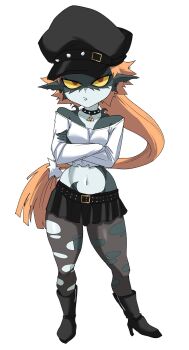 1girl annoyed bare_shoulders belt black_boots black_hat black_pantyhose black_skin black_skirt boots breasts closed_mouth collar colored_sclera colored_skin crossed_arms earrings full_body hat hat_belt high_heel_boots high_heels highres imp jewelry long_hair looking_at_viewer low-tied_long_hair midna multicolored_skin nasu_(ilo_a5) navel nintendo orange_hair pantyhose pointy_ears red_eyes shirt simple_background skirt small_breasts solo spiked_collar spikes the_legend_of_zelda the_legend_of_zelda:_twilight_princess torn_clothes torn_pantyhose triforce triforce_necklace two-tone_skin white_background white_shirt white_skin yellow_sclera