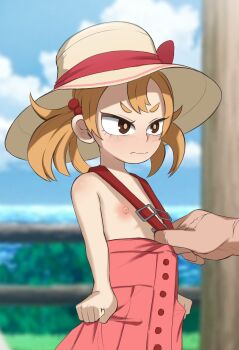 1boy 1girl bare_shoulders blurry blurry_background blush boku_no_hero_academia boku_no_hero_academia:_heroes_rising brown_eyes brown_hair clenched_hands closed_mouth clothes_pull cloud dress dress_pull flat_chest hair_bobbles hair_ornament hat highres loli midoriya_izuku nipples outdoors pink_dress pulling_another's_clothes pulling_at_clothes shimano_mahoro skirt sky solo_focus standing sun_hat suspender_skirt suspenders tnt77 twintails upper_body wavy_mouth