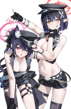 2girls :o absurdres animal_ear_fluff animal_ears arm_up armpits ayane_(blue_archive) ayane_(idol)_(blue_archive) belt black_collar black_gloves black_hair black_hat black_nails black_shorts black_vest blue_archive blurry blurry_background breasts cat_ears cat_girl cleavage collar commentary_request contrapposto crop_top crossed_bangs elf extra_ears fingerless_gloves fingernails gloves hair_between_eyes hair_ornament halo hat highres idol_clothes large_breasts leaning_forward light_particles long_hair looking_at_viewer midriff multiple_girls nail_polish navel no_eyewear o-ring o-ring_thigh_strap official_alternate_costume one_eye_closed open_mouth pink_halo pointy_ears red_eyes red_halo serika_(blue_archive) serika_(idol)_(blue_archive) short_hair short_shorts shortofsugar shorts simple_background skindentation smile stage stomach studded_collar thigh_strap thighs vest white_background white_belt yellow_eyes